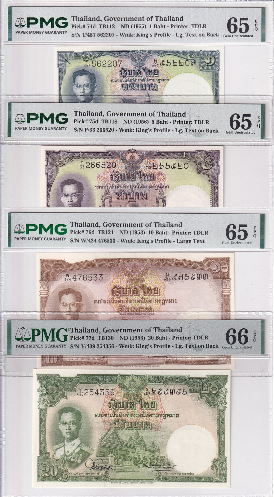 Thailand set 4, 1 5 10 20 BAHT ND 1953-1956 P 74 75 76 77 Gem UNC PMG 65 EPQ