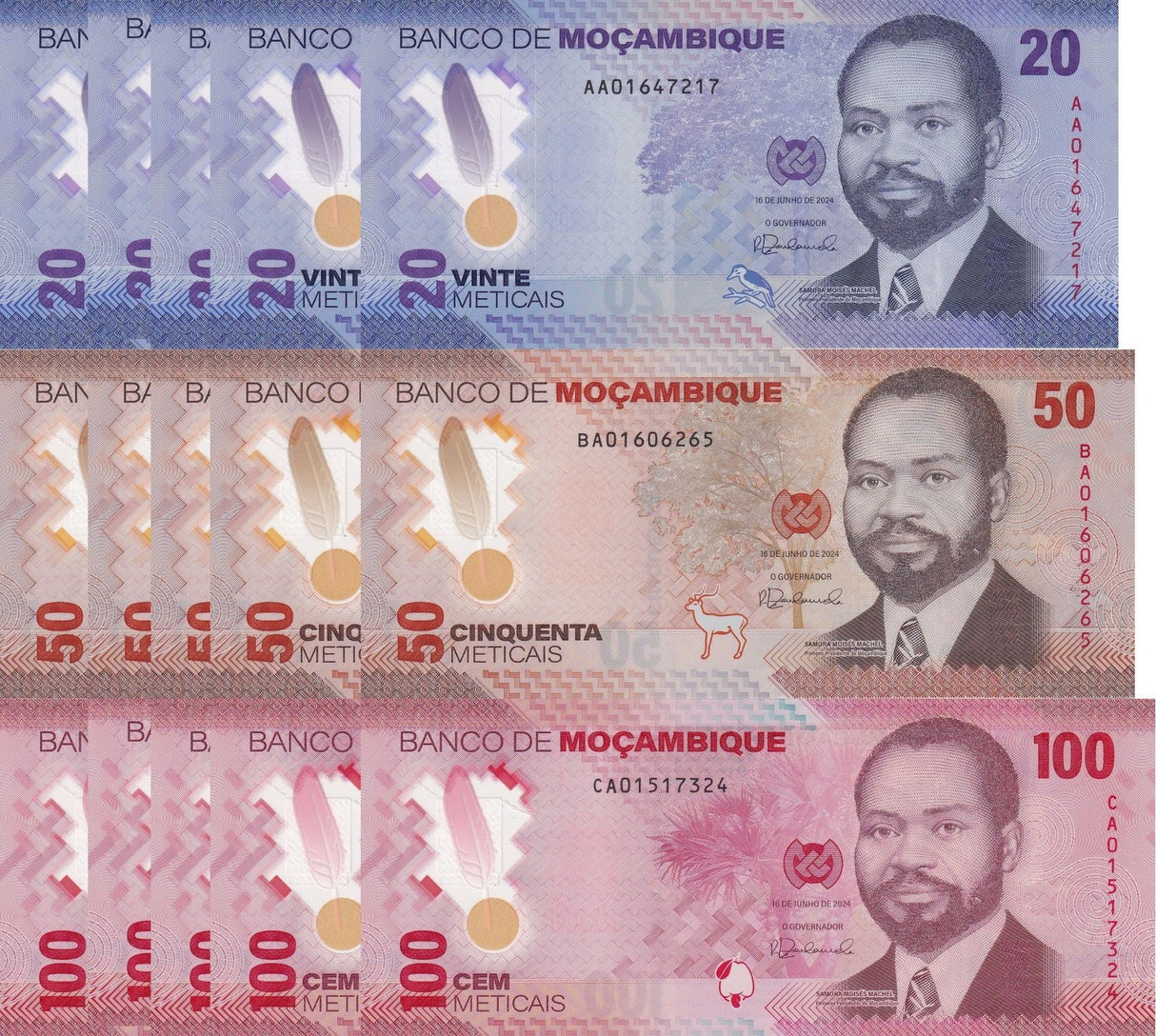 Mozambique set 3 X LOT 5=15 UNC 20 50 100 Meticais 2024 Polymer P 155 156 157