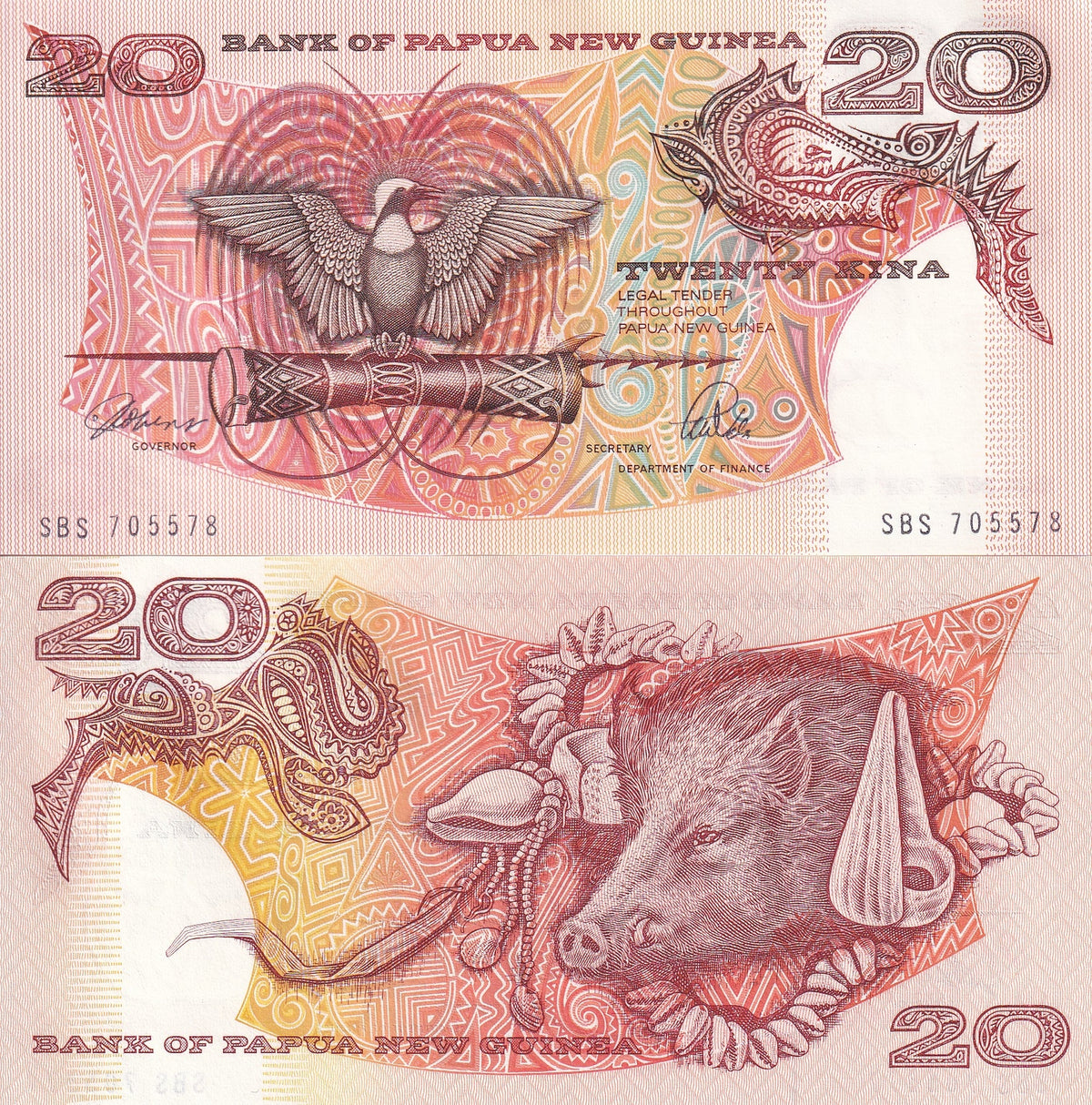 Papua New Guinea 20 Kina ND 1989 P 10 a UNC, Bird of Paradise, spear