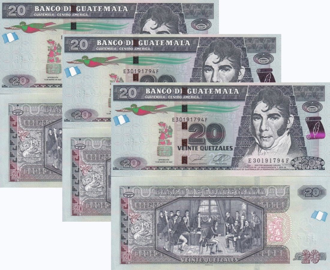 Guatemala 20 Quetzales 2023 P 124 j UNC LOT 3 PCS , Printer PWPW ,Mariano Galvez