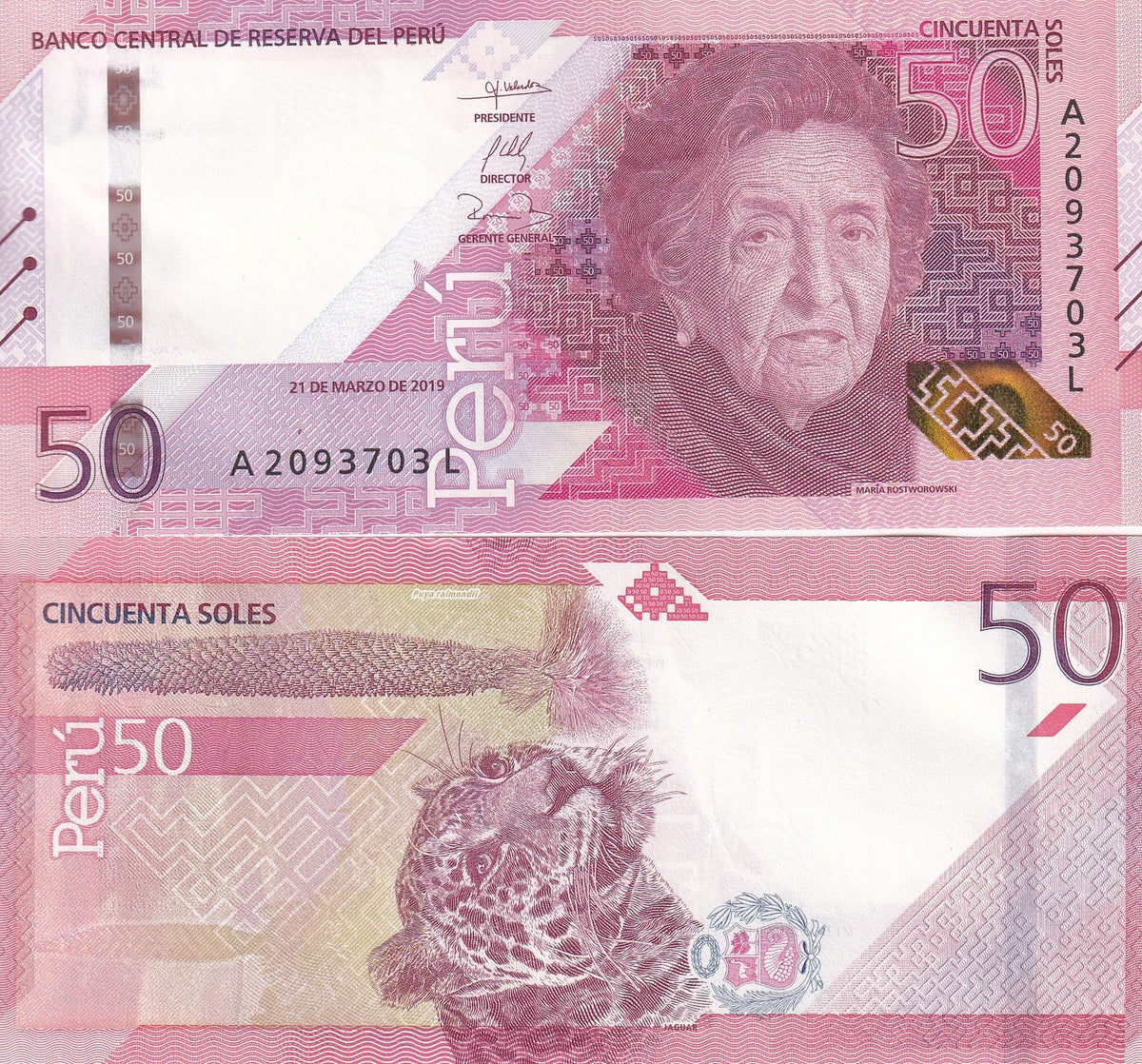 Peru 50 Soles 2019 P 198 UNC , Queen of the Andes ,Puya raimondii, Jaguar