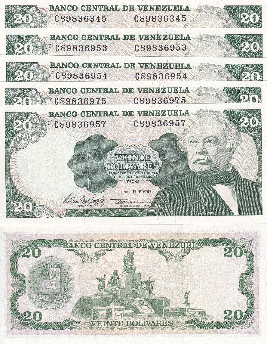 Venezuela 20 Bolivares 1995 P 63 e AUnc LOT 5 PCS ,Carabobo Fields, AU