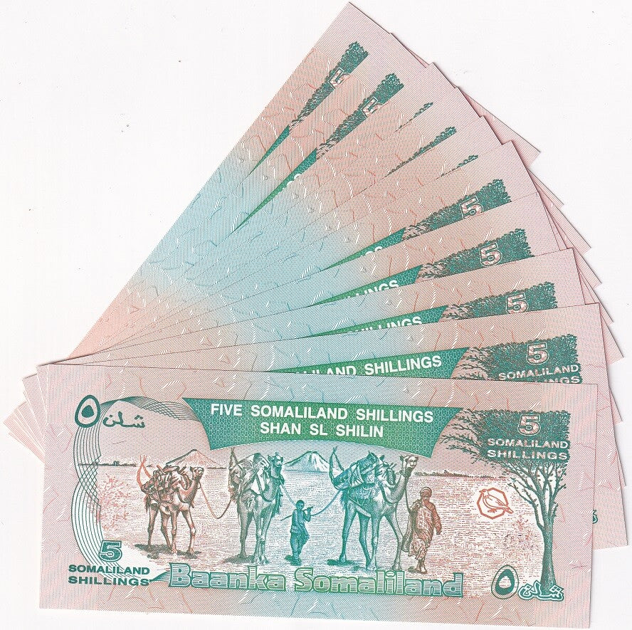 Somaliland 5 Shillings 1994 P 1 UNC LOT 10 PCS Camel caravan, Naasa Hablood