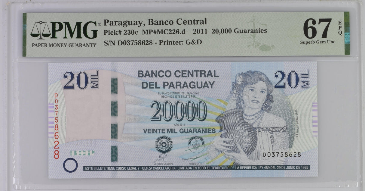 Paraguay 20000 Guaranies 2011 P 230 c Superb Gem UNC PMG 67 EPQ