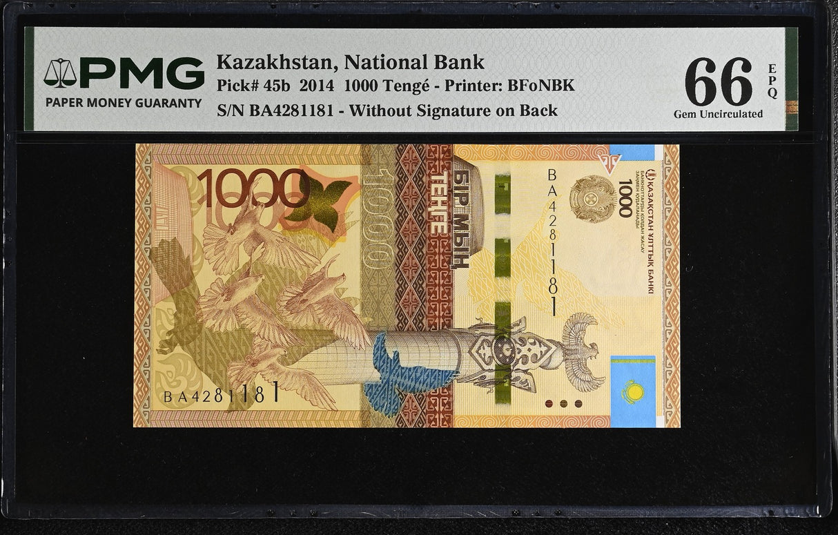 Kazakhstan 1000 Tenge 2014 P 45 b Gem UNC PMG 66 EPQ