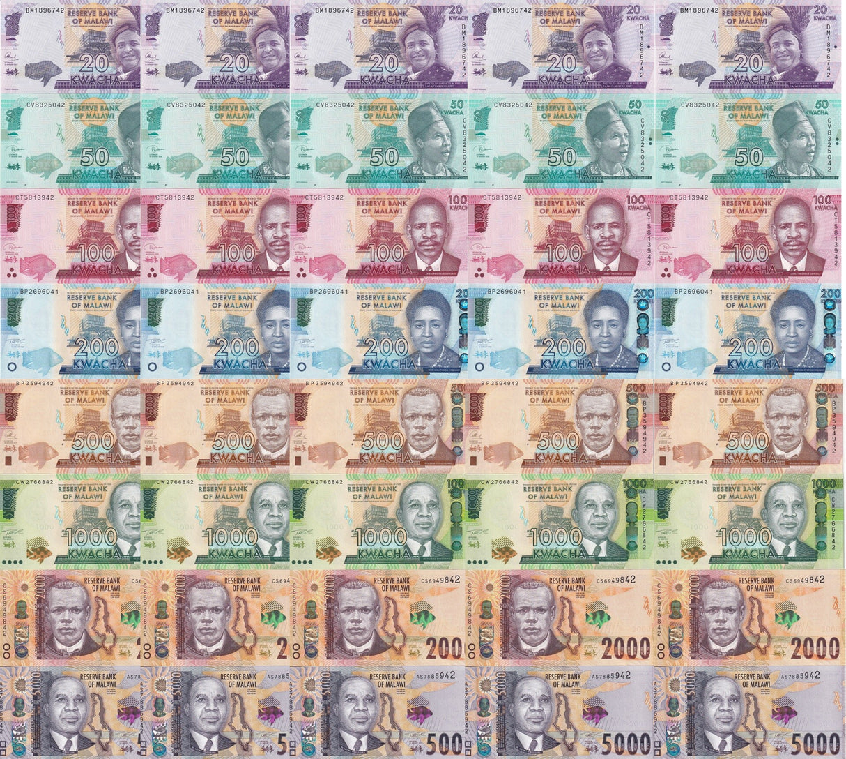 Malawi Set 8 x 5 = 40 UNC 20 50 100 200 500 1000 2000 (BROWN) 5000 P 63-70 71