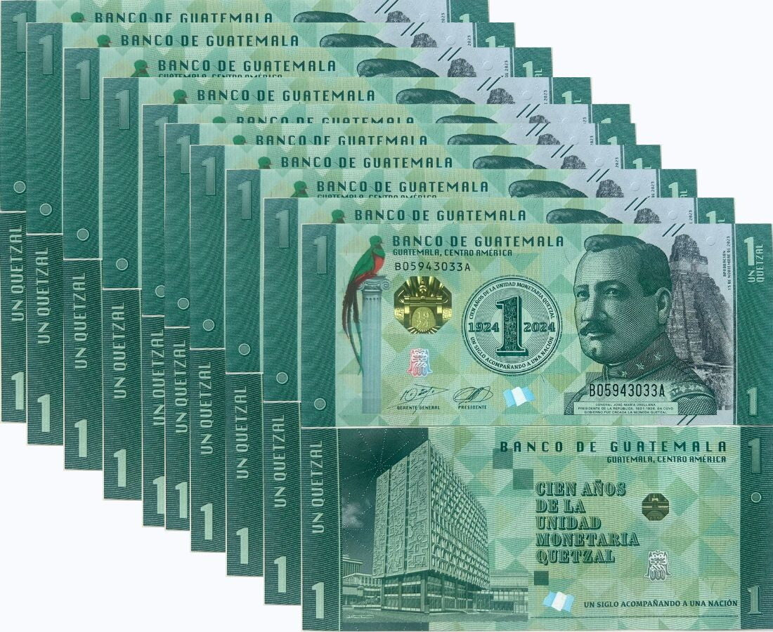 Guatemala 1 Quetzal 2023 2024 Commemorative 100th 1924-2024 P 129 new LOT 10 UNC