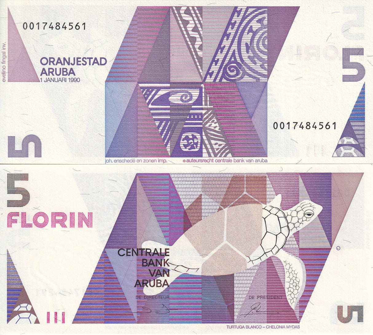 Aruba 5 Florins 1990 P 6 UNC White turtle Turtuga Blanco - Chelonia mydas