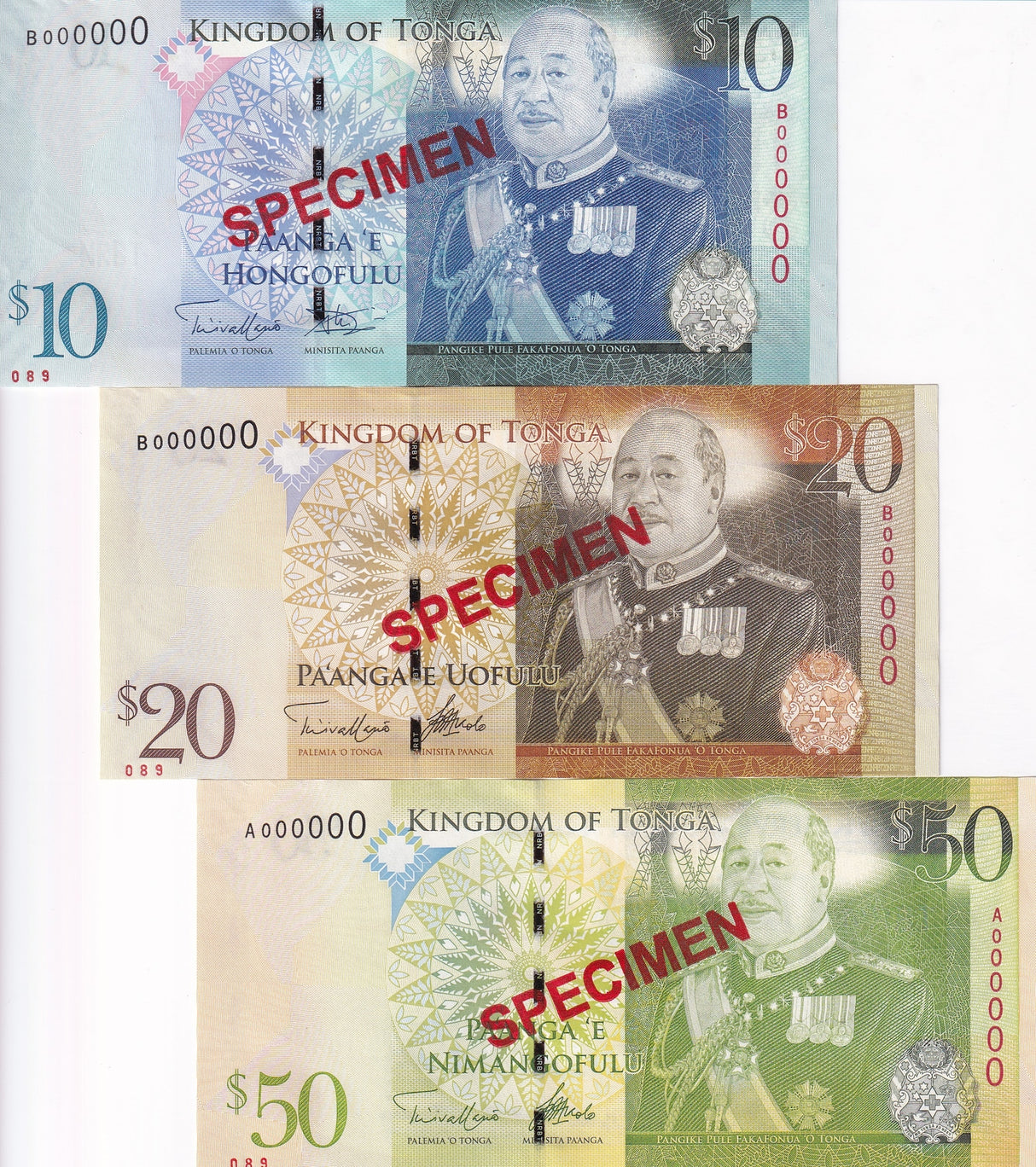 Tonga Set 3 UNC 10 20 50 Pa'anga ND 2014 P 40 41 42 SPECIMEN UNC