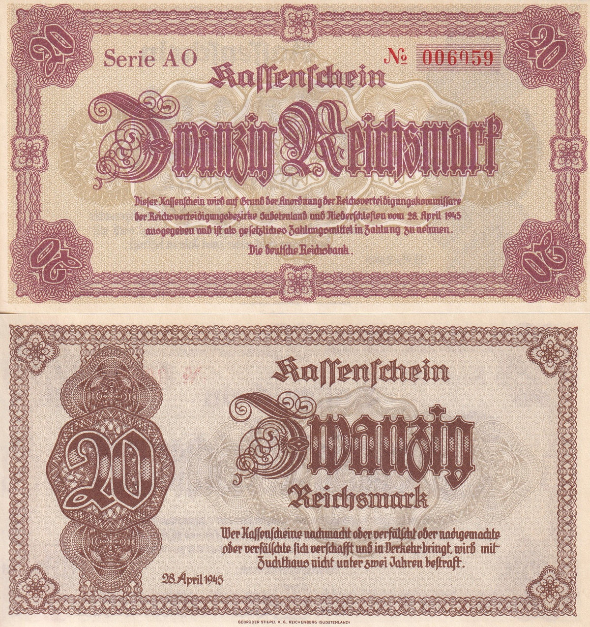 Germany 20 ReichsMark 1945 P 187 UNC