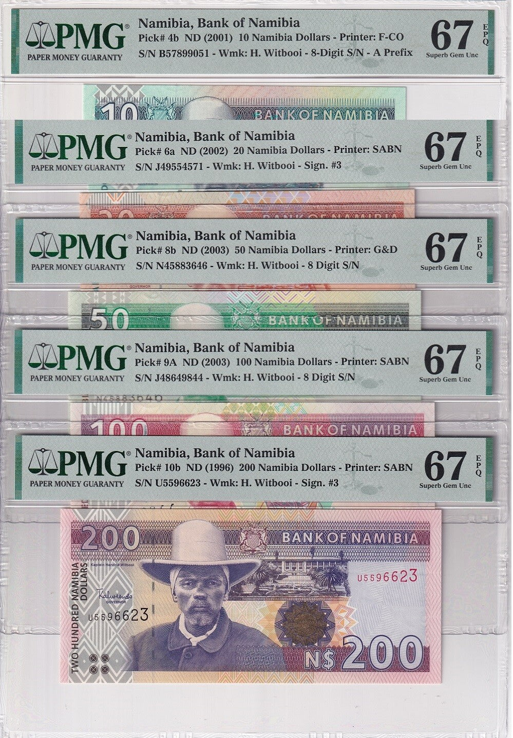 Namibia Set 5; 10 20 50 100 200 1996-2003 P 4 -8 9A 10 Superb Gem UNC PMG 67 EPQ