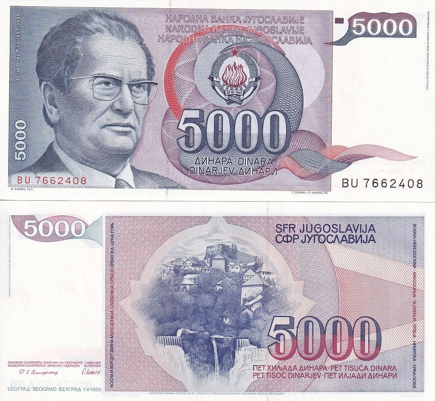 Yugoslavia 5000 Dinara 1985 P 93 UNC ,Josip Broz Tito, Jajce ,Belgrade