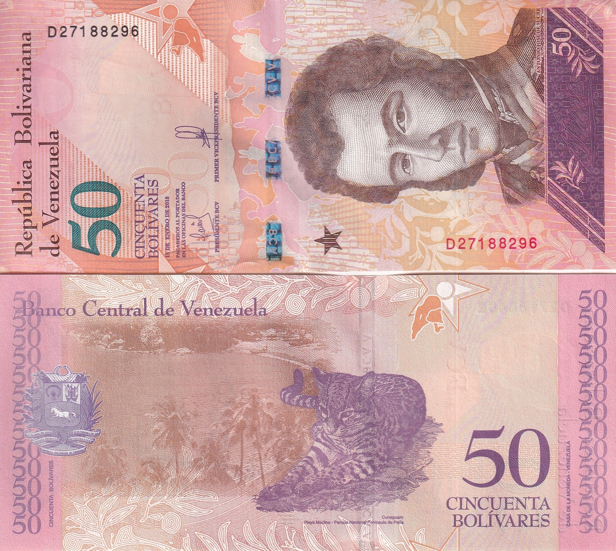 Venezuela 50 Bolivares 2018 P 105 UNC ,Península de Paria ,Cunaguaro