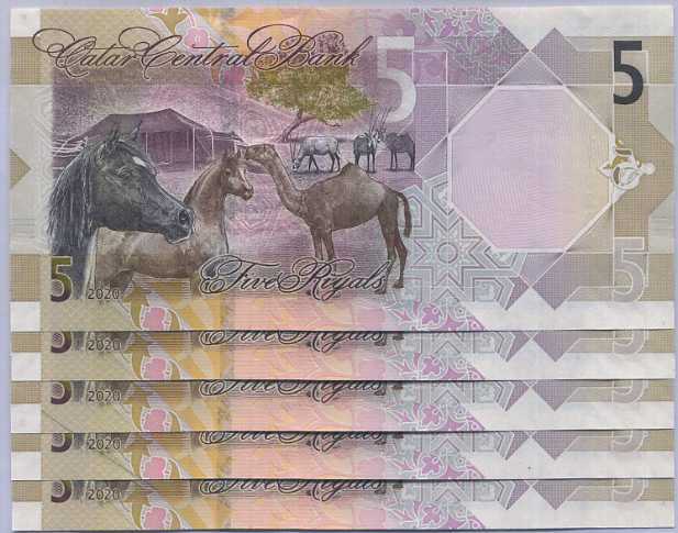 Qatar 5 Riyals 2020 P 33 UNC Lot 5 Pcs Horses, camel, gazelles Panther orchid