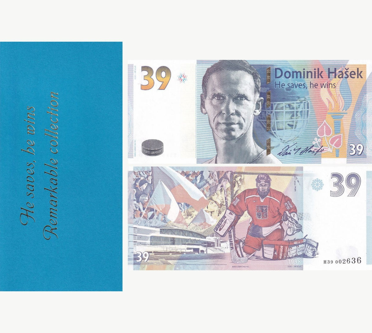 TEST NOTE ,Number 39 Dominek hasek ,Hockey , Czech ,Olympic 1998 ,With folder