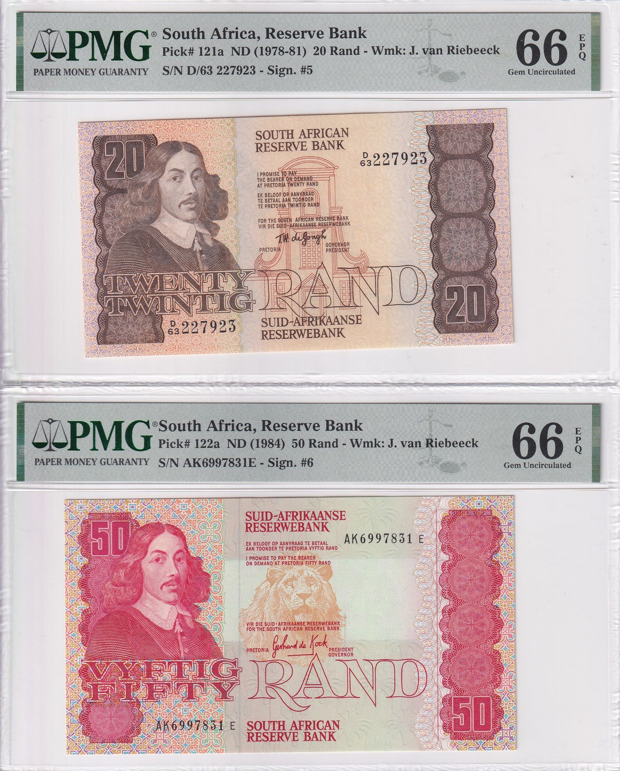 South Africa Set 2; 20 50 RAND ND 1984 P 121 P 122 Gem UNC PMG 66 EPQ