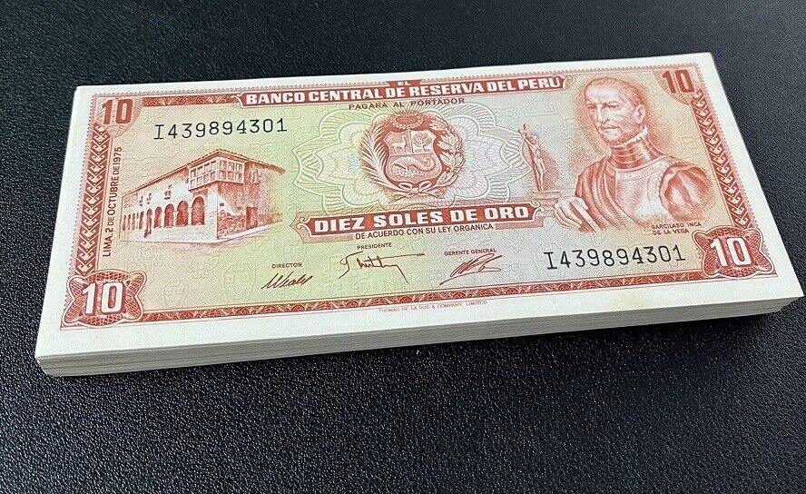 Peru 10 Soles de Oro 1975 P 106 LOT 100 UNC Little Yellow Tone