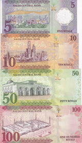 Saudi Arabia Set 4 Pcs 5 10 50 100 Riyals 2021 - 2024 P 46 P 47 P 48 P 49 UNC