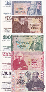 Iceland SET 5 UNC 10 50 100 500 1000 Kronur 1961-2001 P 48 49 50 58 59 UNC