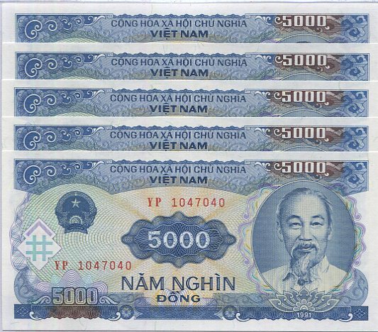 Vietnam 5000 Dong 1991 P 108 UNC LOT 5 PCS ,Ho Chi Minh, Hydroelectric power