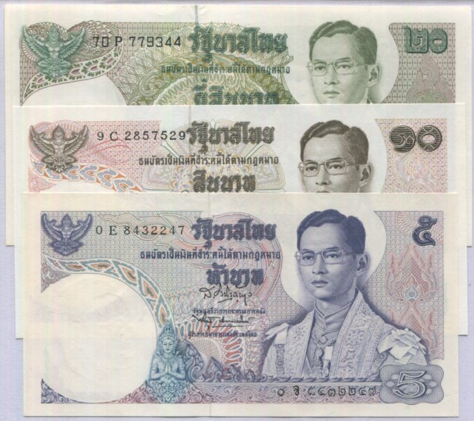 Thailand set 3 UNC 5 10 20 Baht ND 1969-1988 P 82 83 84 ,Anantanagarat,barge