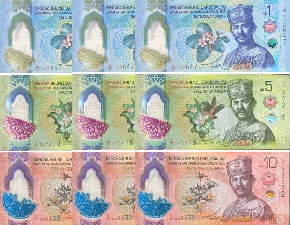Brunei SET 3 X LOT 3 = 9 UNC 1 5 10 Dolar Dollars 2024 2026 P NEW Polymer