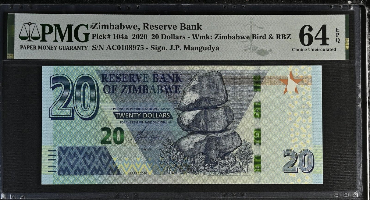 Zimbabwe 20 Dollars 2020 P 104 a Choice UNC PMG 64 EPQ