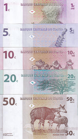 Congo Set 5 UNC 1 5 10 20 50 Centimes 1997 P 80 81 82 83 84 ,Upemba , Pende Zand