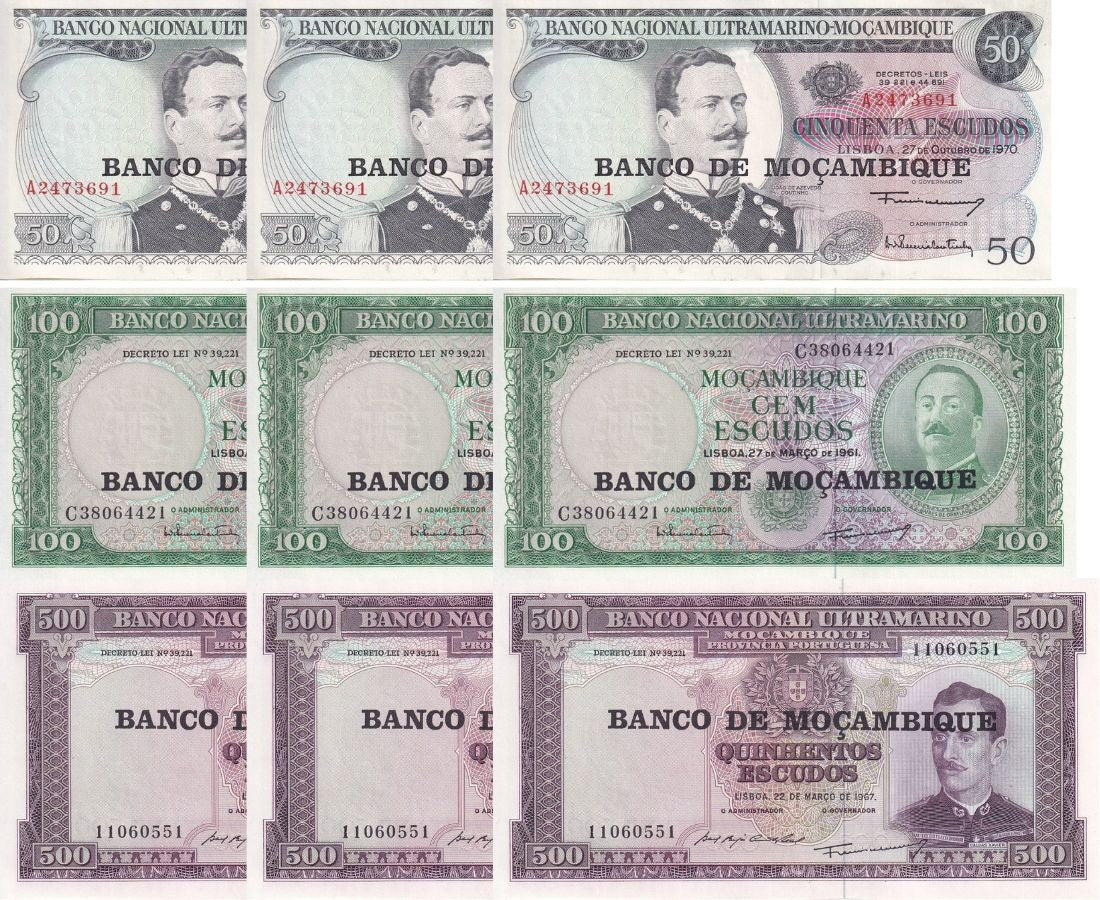 Mozambique Set 3 X LOT 3=15 AU-UNC 50 100 500 Escudos 1976 P 116 117 118