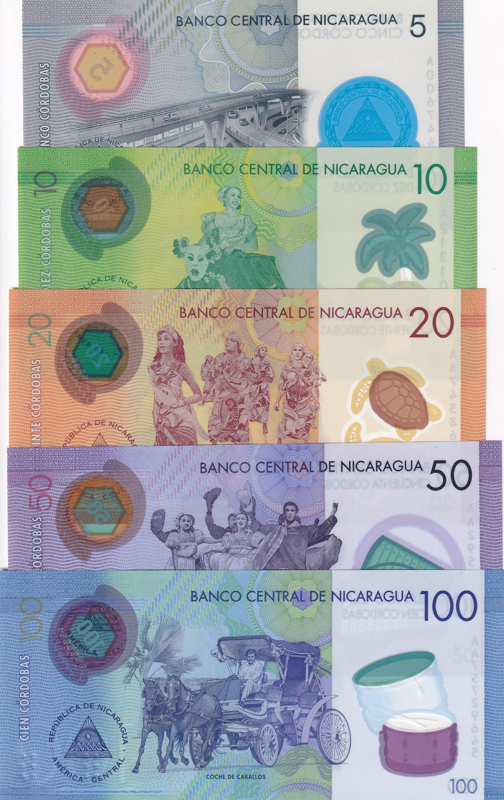 Nicaragua Set 5 UNC 5 10 20 50 100 Cordobas 2019- 2022 Polymer P 209 210 - 219