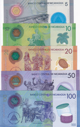 Nicaragua Set 5 UNC 5 10 20 50 100 Cordobas 2019- 2022 Polymer P 209 210 - 219