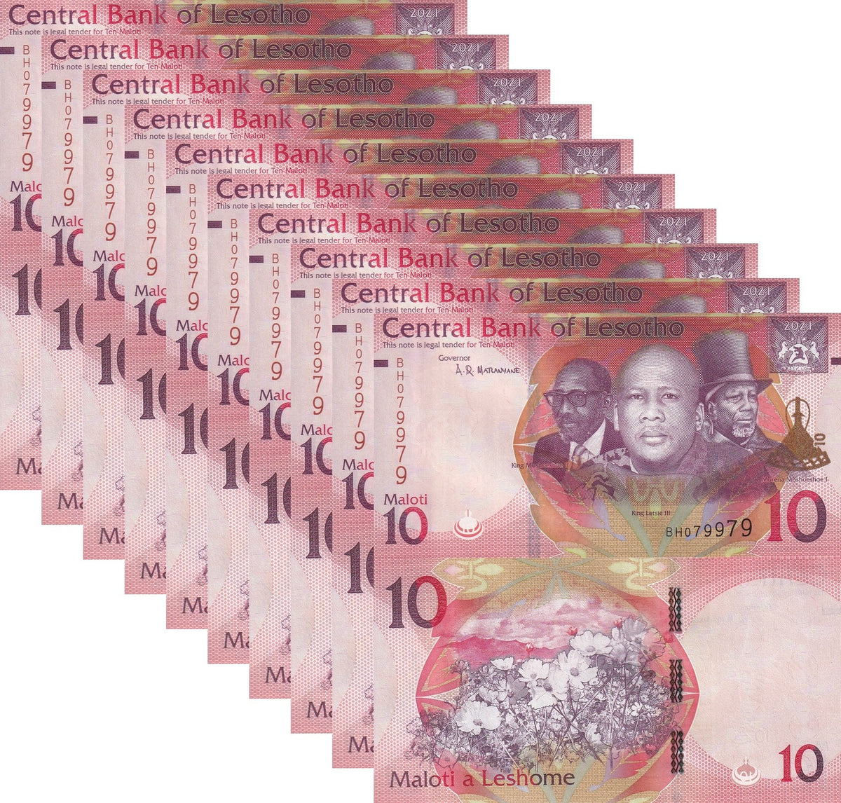 Lesotho 10 Maloti 2021 P 26 UNC, Kings Letsie III, Flowers LOT 10 PCS
