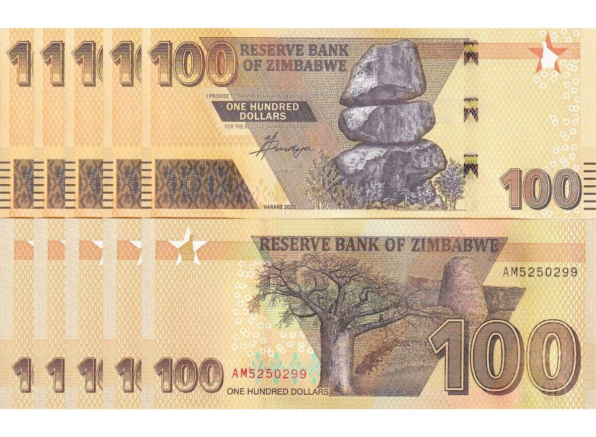 Zimbabwe 100 Dollars 2023/2024 P 106 UNC Lot 5 PCS, Great Zimbabwe ruins