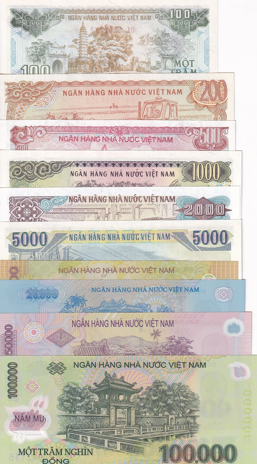 Vietnam Set 10 UNC 100- 10000 20000 50000 100000 RANDOM DATES P 100-121 122