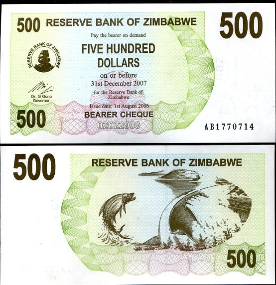 Zimbabwe 500 Dollars Bearer Cheque 2006 P 43 UNC