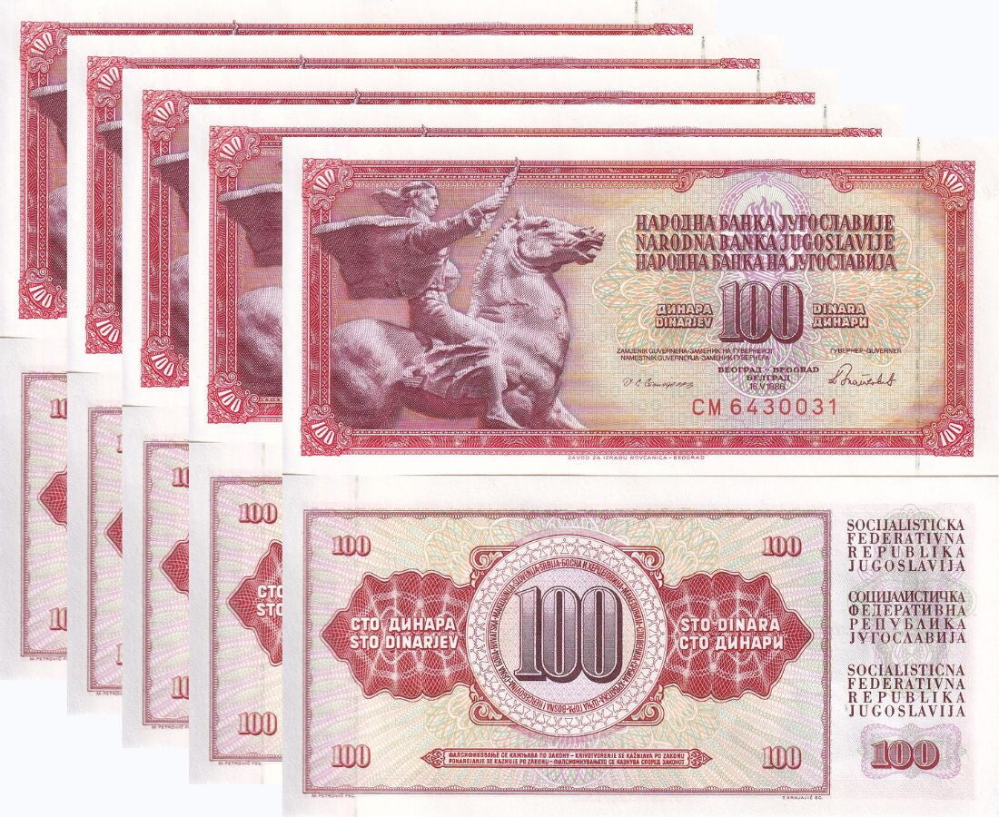 Yugoslavia 100 Dinara 1986 P 90 c UNC LOT 5 PCS