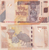 Congo 5000 Francs 2013 P 102 b UNC Zebras, Hemba statuette ,Congolese peacocks