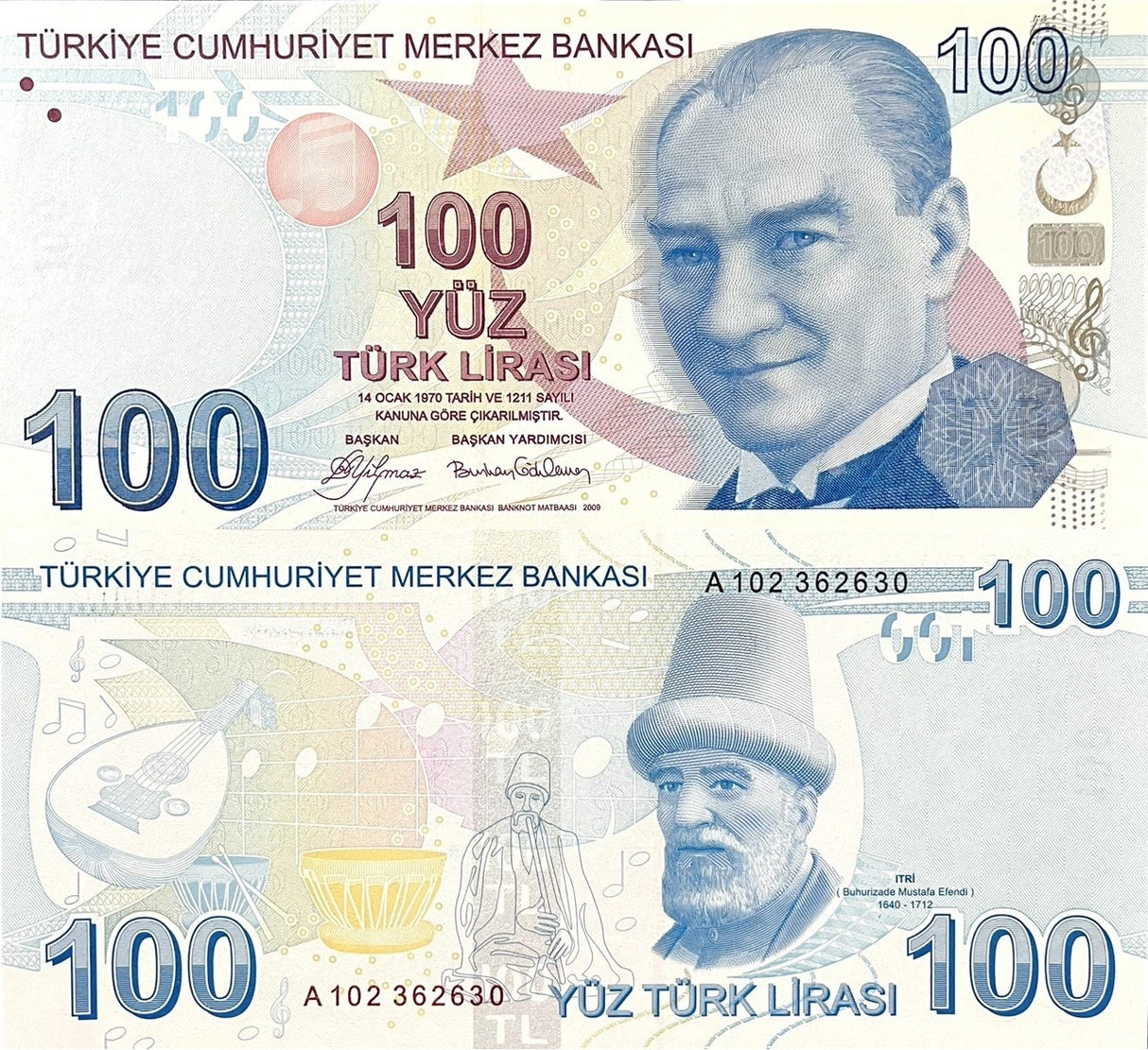 Turkey 100 Lira 2009 P 226 a First A Prefix UNC ,Buhatizada Mustafa Efendi