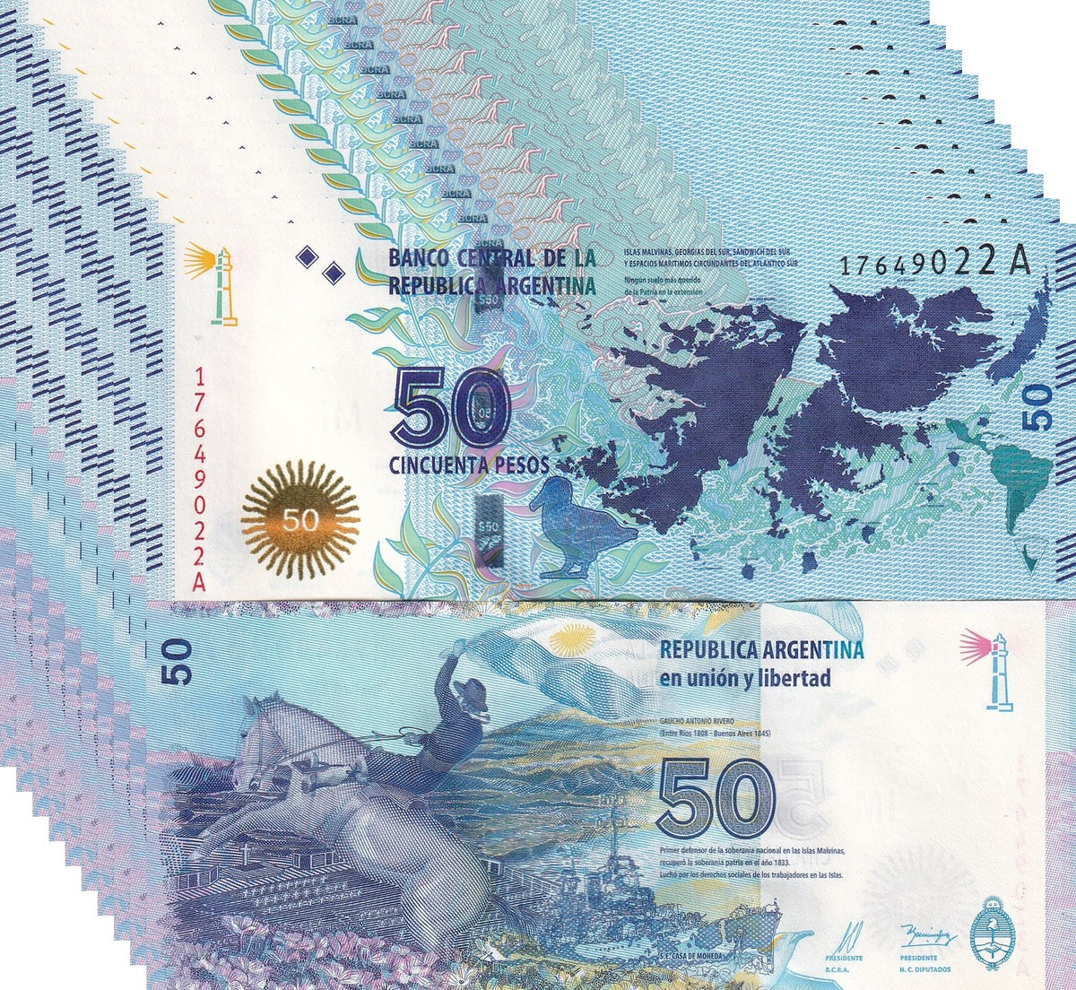 Argentina 50 Pesos 2015 P 362 UNC LOT 10 PCS, Gaucho Antonio Rivero