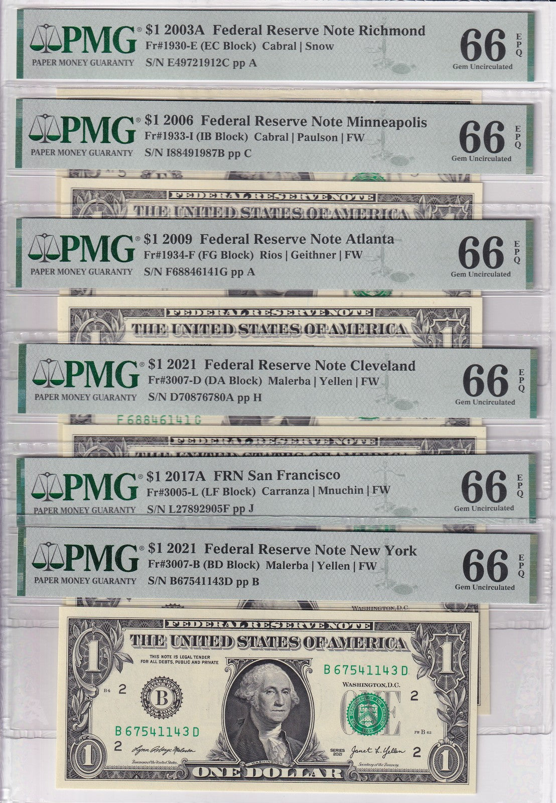 United States SET 6 ,1 Dollar USA FRN Mixed State Gem UNC PMG 66 EPQ