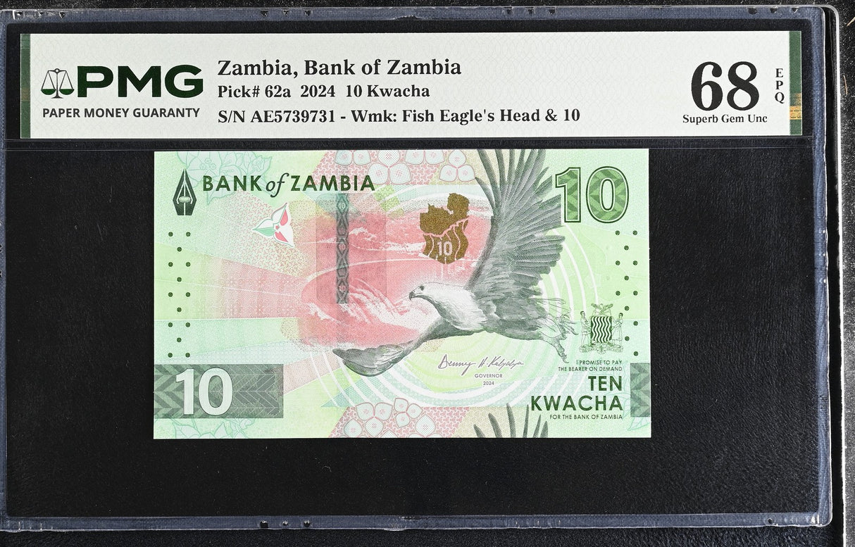 Zambia 10 Kwacha 2024 P 62 a AE Prefix Superb Gem UNC PMG 68 EPQ