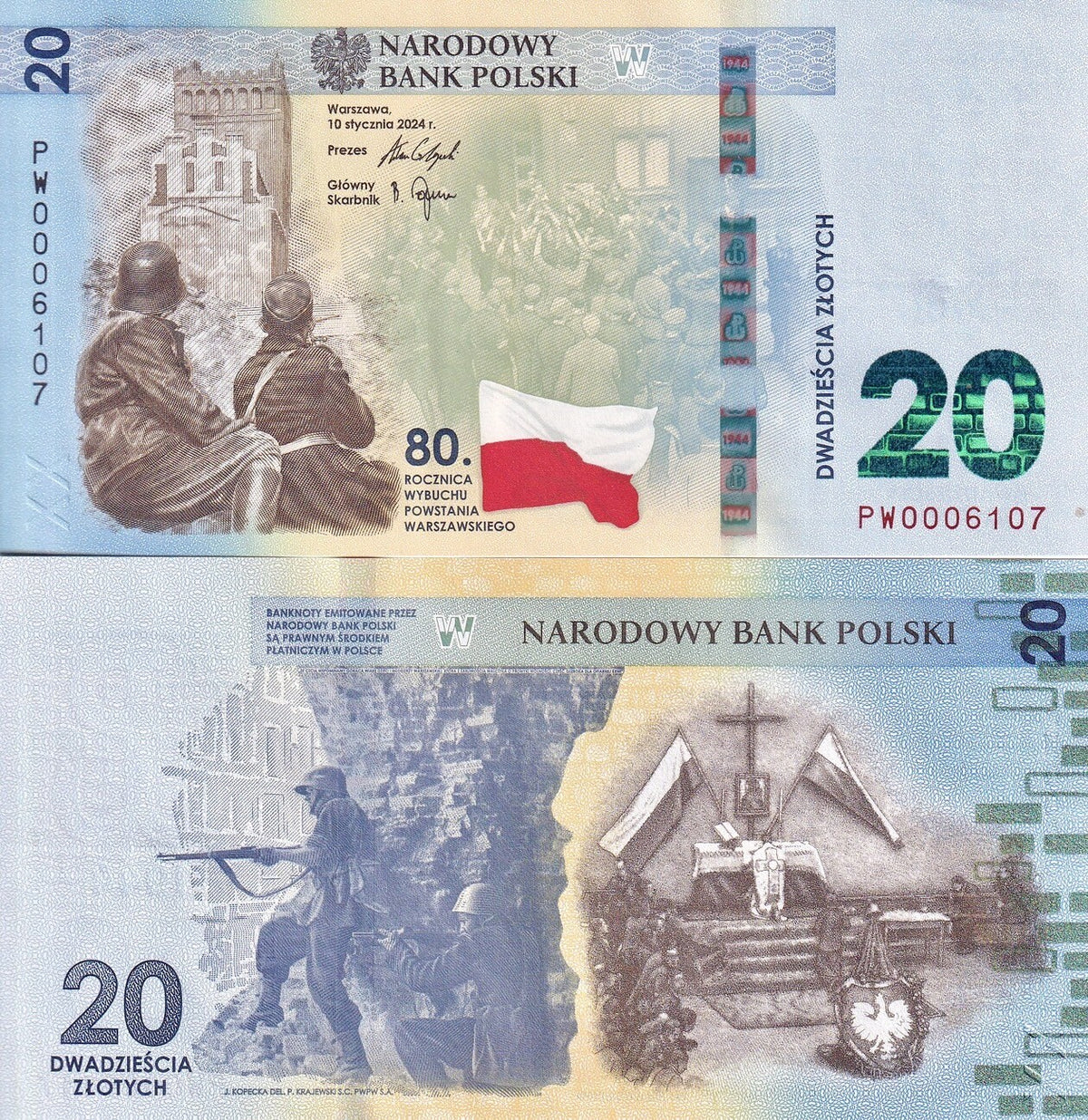 Poland 20 Zlotych 2024 Commemorative 80th Warsaw Uprising P 198 UNC W Folder