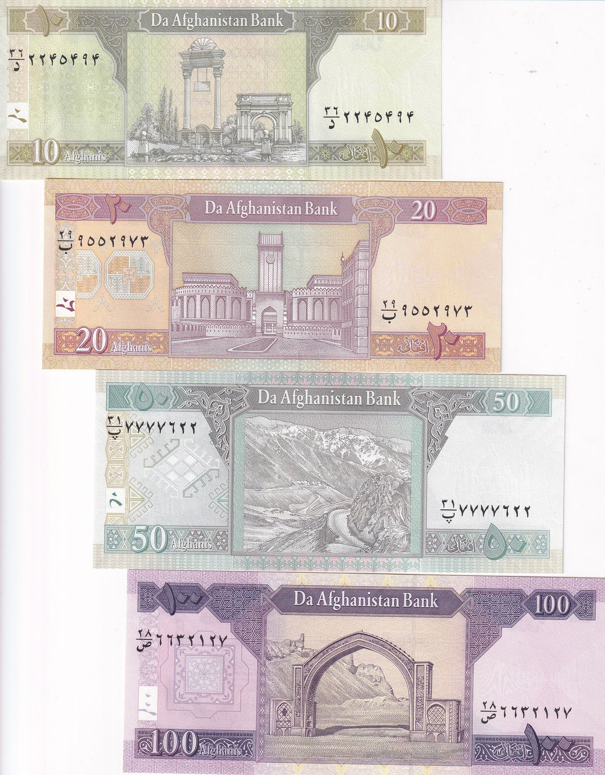 Afghanistan SET 4 UNC 10 20-100 Afghanis SH 1401 2022 (2025) P67A-69 75 New Sign