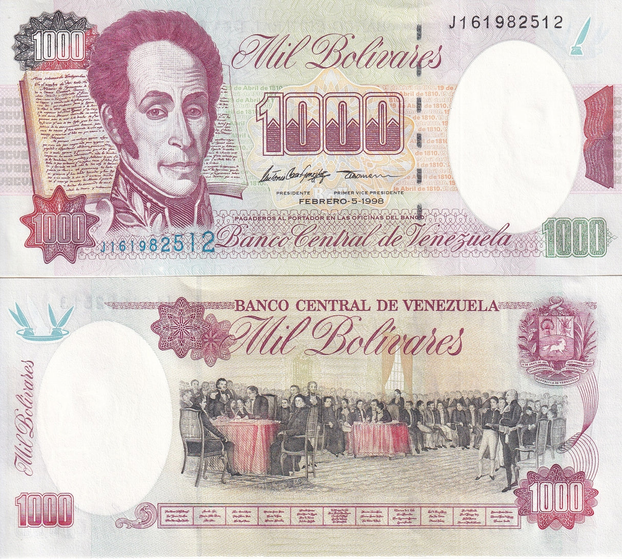 Venezuela 1000 Bolivares 1998 P 76 c UNC Simon Bolivar