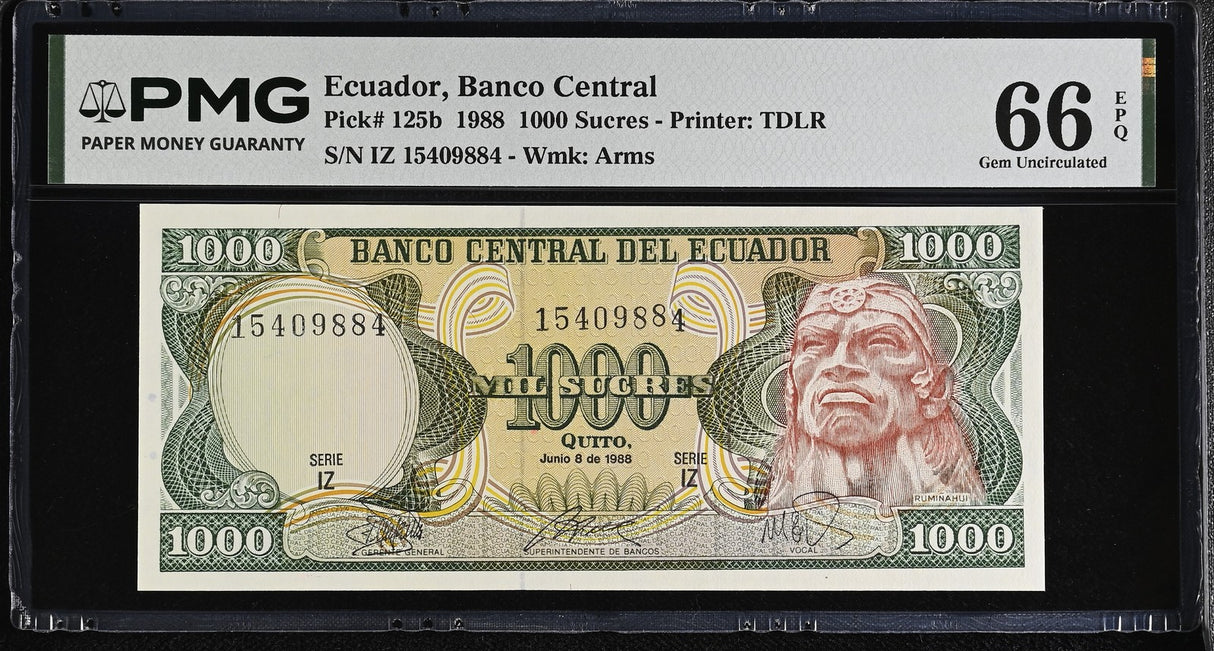 Ecuador 1000 Sucres 1988 P 125 b Gem UNC PMG 66 EPQ