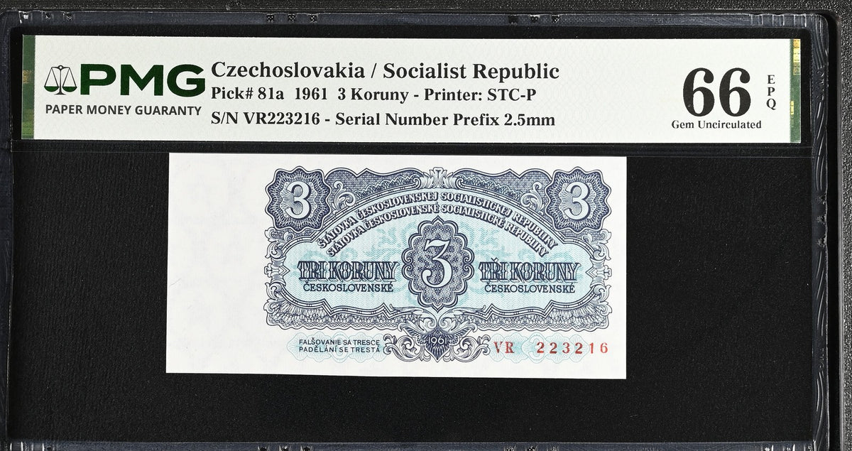 Czechoslovakia 3 Koruny 1961 P 81 a Gem UNC PMG 66 EPQ , Graded Note