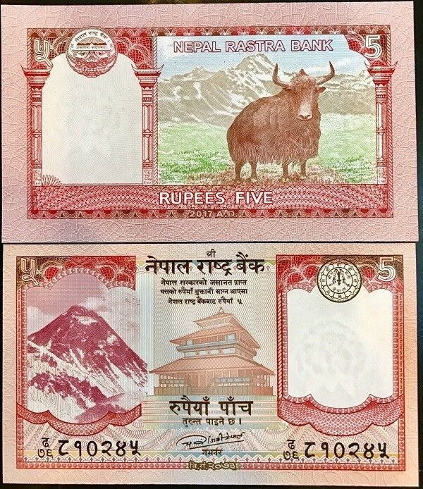 Nepal 5 Rupees 2017 P 76 UNC , Mount Everest, Taleju temple ,one Yak