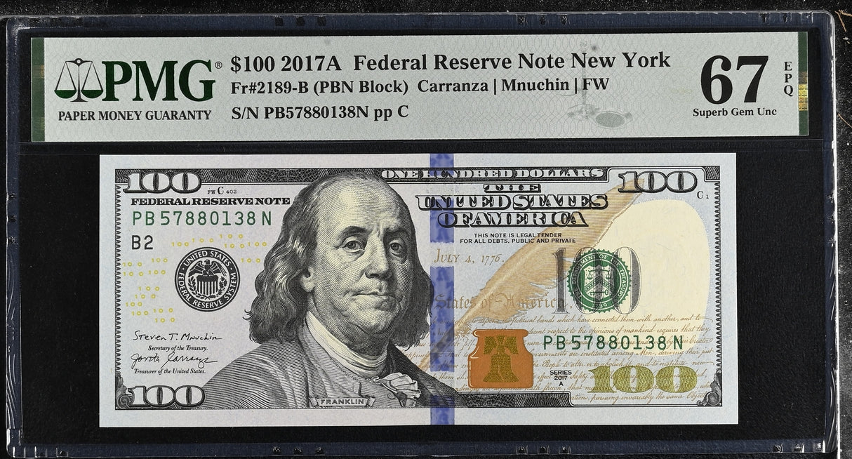 United States 100 Dollars USA 2017A P 548 B New York Superb Gem UNC PMG 67 EPQ