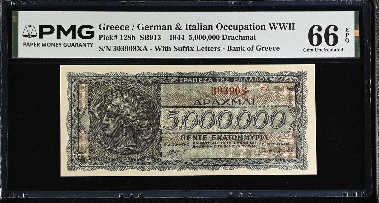 Greece 5000000 Drachmai 1944 P 128 b Gem UNC PMG 66 EPQ