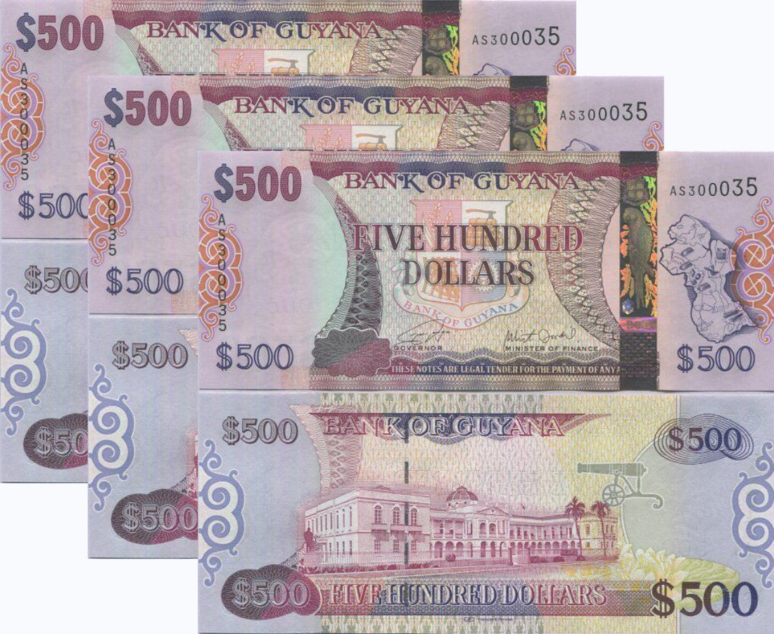 Guyana 500 Dollars ND 2019 P 37 UNC LOT 3 PCS